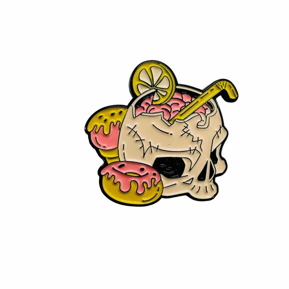 ☀️Oz Enamel Pin Pink Skull Drinking Cocktail Drink Goth Punk Cartoon Brooch New - Picture 4 of 5